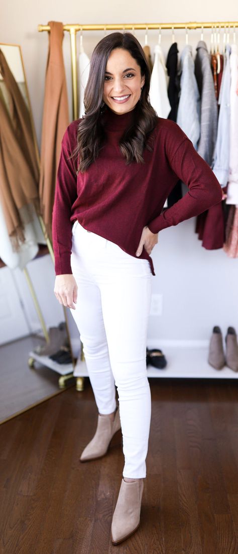 Burgundy top & white jeans Burgandy Sweater Outfits, White And Burgundy Outfit, Maroon Top Outfit, White Jeans In The Fall, Turtleneck Outfit Winter, Fall Outfits Petite, Burgundy Top Outfit, White Jeans Outfit Fall, Burgundy Sweater Outfit