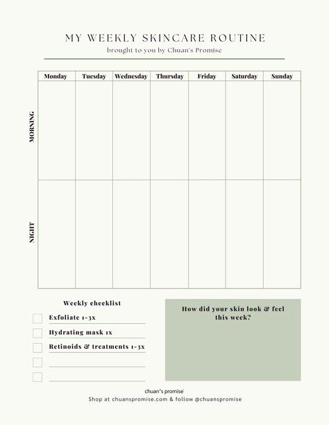 Free Weekly Skincare Routine Planner by Chuan's Promise plannerideas #colorfulplanner #freedigitalnotebook #free2024planner®️. Skincare Checklist Template, Skin Care Routine Calendar, Skincare Weekly Planner, Skincare Routine Timetable, Skin Care Routine Printable, Skincare Routine Weekly Planner, Hair Care Routine Template, Skincare Calendar Template, Skincare Routine Printable