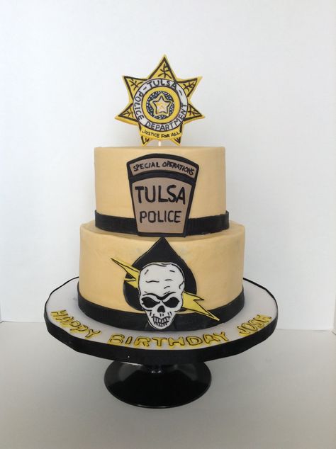 Special Ops Police cake Buttercream iced cake with fondant accents Police Cake, Police Cakes, Iced Cake, Cake With Fondant, Cake Buttercream, Ice Cake, Office Birthday, Special Ops, Fondant Cakes