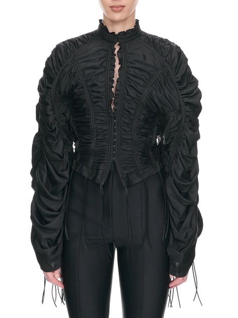 Luxury Gothic Long Sleeve Tops, Gothic Long Sleeve Outerwear With Ruffles, Ann Demeulemeester Fall 2023, Sportswear Details, Black Gothic Leather Outerwear, November Fashion, Black Oversized Avant-garde Outerwear, 2000s Fashion Outfits, Create Outfits