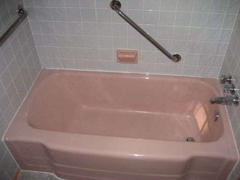 Our “New” Home – a 1962 Brick Ranch – in Norfolk, VA | Sears Modern Homes Pink Tub Bathroom, Pink Tub Bathroom Ideas, 60s Bathroom Remodel, 1960s Bathroom Remodel, Tub Inspiration, Retro Bathroom Remodel, 60s Bathroom, 1960s Bathroom, Tub Bathroom Ideas