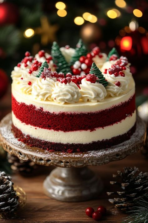 When it comes to holiday desserts, few can rival the elegance and decadence of a Christmas Red Velvet Cheesecake. This layered masterpiece combines the rich, Christmas Dessert Recipes Fancy, Red And White Cake, White Christmas Cake, Cheesecake Red Velvet, Recipes Fancy, Layered Cheesecake, Fancy Christmas Party, Velvet Recipes, Holiday Deserts