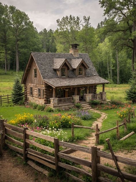 Medium Cottage House, Rustic Country Home Exterior, Log Cabin Outside, Cabin Style Home Exterior, Log Cabin Landscaping, Log Siding Exterior, Cabin Sunroom, Cozy Cottage In The Woods, Cabin Landscaping