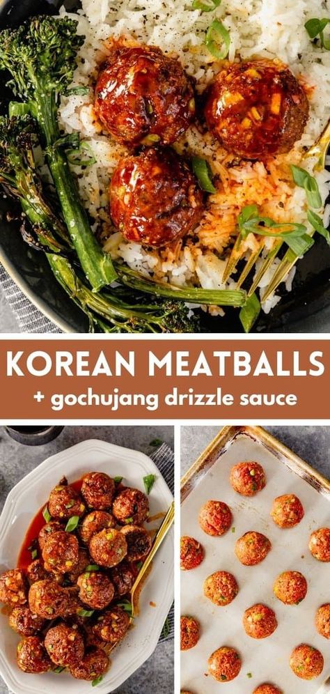 Korean Meatballs with Gochujang Drizzle Sauce Korean Meatballs Recipes, Korean Bbq Meatballs, Korean Meatballs, Gochujang Recipe, Korean Bbq Beef, 30 Minute Meals Healthy, Quick Chicken Dinner, Bulgogi Recipe, Meatball Dinner