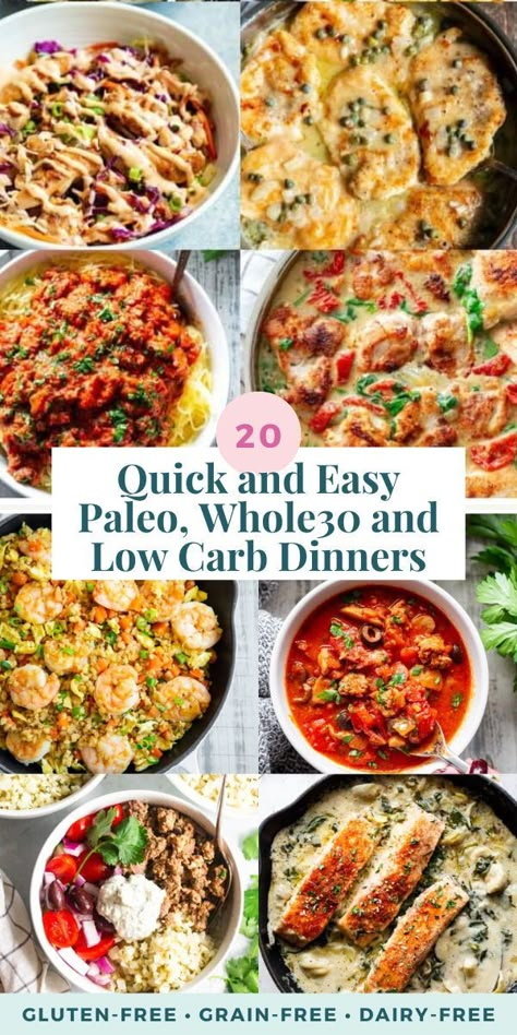 These 20 quick and easy healthy dinners are sure to make everyone in the family happy! Each recipe is paleo friendly, Whole30 compliant, low carb, and ready from start to finish in 30 minutes or less. If you’re short on time you need these fast, healthy and super tasty dinner recipes in your life! Whole 30 Plan, Quick And Easy Paleo Dinner Recipes Weeknight Meals, 30 Minute Paleo Dinner, Low Carb Whole 30 Recipes, Whole 30 Beef Recipes, Whole 30 Meal Ideas, Cheap Easy Whole 30 Meals, Cheap Paleo Dinners For A Family, Paleo Breakfasts