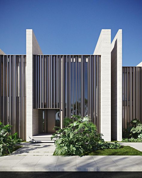 YODEZEEN on Instagram: “Let's finish this week with the rhythm and vibe of an endless summer 🌴 Seems like villas and interiors in light colors and an abundance of…” Curved Facade Architecture, Commercial Building Exterior Facades, Travertine Facade, Modern Industrial Building, Acp Exterior Design, Modern Metal Building, Warehouse Facade, Home Office Design Ideas, Commercial Design Exterior