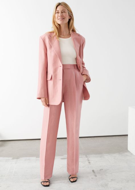 Loose Tapered Linen Blend Trousers - Dusty Pink - Tailored Trousers - & Other Stories Leather Heels Sandals, Tapered Trousers, Pink Blazer, Trouser Style, Fashion Story, Tailored Trousers, Blazers For Women, Pastel Pink, Pink Rose