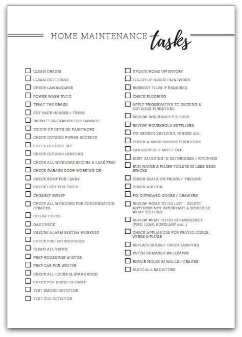 Get your home maintenance under control easily with this gorgeous black and white home maintenance task checklist. You'll get everything done around the house in no time! House Manager Checklist, Monthly House Maintenance, Monthly Home Maintenance Checklist, Cleaning Binder, House Manager, House Management, Home Maintenance Schedule, Fly Lady, College Checklist