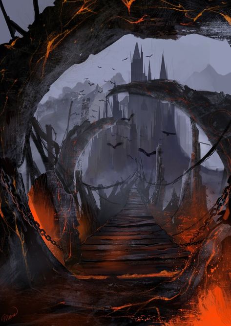 Demonic Landscape, Hell Concept Art, Dark Fantasy Concept Art, Dark Fantasy World, Between Two Worlds, 다크 판타지, Fantasy Castle, Fantasy Setting, Fantasy Places