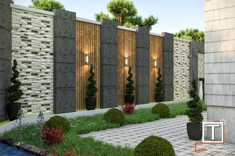 Villa landscape Design in KSA ( 1 ) on Behance Garden Exterior Design, Outdoor Wall Paneling Ideas, Patio Wall Design, Modern Compound Wall, Outdoor Wall Design Ideas, Contemporary Fence Design, Modern Vertical Garden, Landscape Design Front Of House, Villa Landscape Design