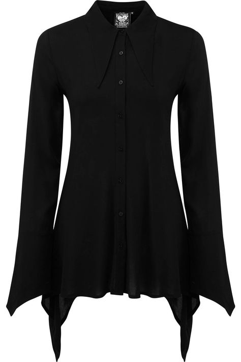 - Luxe Chiffon. - Exaggerated Collar. - Button-Up Front. - Hanky Hems. - Long Pointed Sleeves. - Fitted.  100% Rayon. Business Goth, Large Brim Hat, 2010 Fashion, Hanky Hem, Black Aesthetic, Lifestyle Brands, Skirt Length, Fashion Lifestyle, Work Outfit