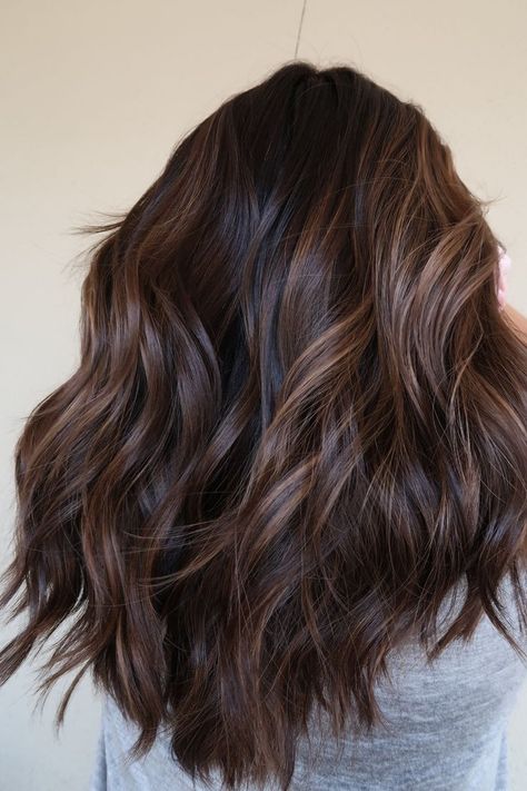 How to achieve this rich, multidimensional look. Brown Low Maintenance Hair, Brunette Color Ideas Fall, Low Lights Vs Balayage, Easy Brunette Hair Color, Womens Dark Hair Color, Low Maintenance Highlights Brunettes Dark Brown, Brunette Hair Coloring, Chilli Chocolate Hair Colour, Low Lights For Brunettes