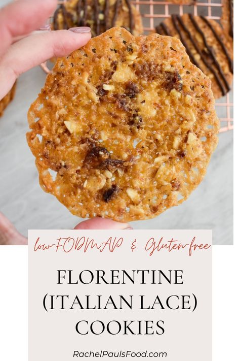 Low-FODMAP Florentine (Italian Lace) Cookies; Gluten-free | Rachel Pauls Food Fodmap Cookies, Florentine Cookies, Rachel Paul, Fodmap Friendly Recipes, Low Fodmap Snacks, Fodmap Snacks, Low Fodmap Diet Recipes, Fodmap Diet Recipes, Cinnamon Roll Cookies