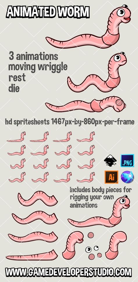 Animated worm Worm Character Design, Worm Animation, Library Pose, Worm Monster, Moving Drawing, Drawing Worksheet, Moving Gif, Game Sprites, Animated Animals