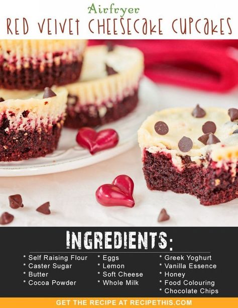 Airfryer Recipes | Airfryer Red Velvet Cheesecake Cupcakes #airFryerRecipes #airFryerCupcakes #redVelvetCheesecakeCupcakes Airfryer Dessert Recipes, Air Fryer Cupcakes, Red Velvet Cheesecake Cupcakes, Air Fryer Desserts, Recipes Airfryer, Cheesecake Cupcakes Recipe, Air Fryer Cooking Times, Velvet Cheesecake, Red Velvet Cheesecake