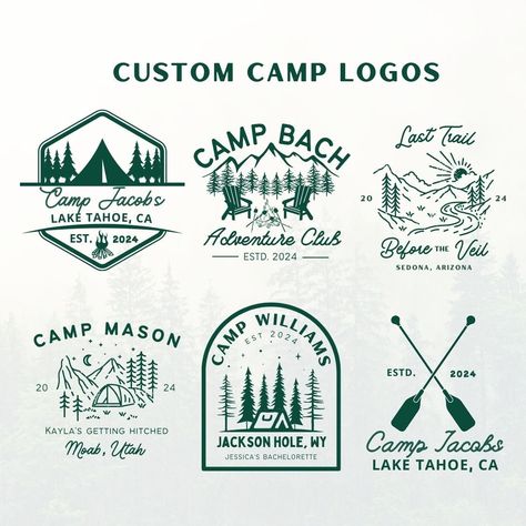 Need a logo design for a camp bachelorette party? Choose 1 out of the 6 and have it customized to fit your camp theme and aesthetics! Camp Bachelorette Shirt, Camp Bachelorette Party Shirts, Summer Camp Bachelorette Party Ideas, Champs And Camp Bachelorette, Summer Camp Theme Birthday Party, Camp Bachelorette Invitations, Bachelorette Nightly Themes, Happy Camper Bachelorette, Bachelorette Party Themes Camping