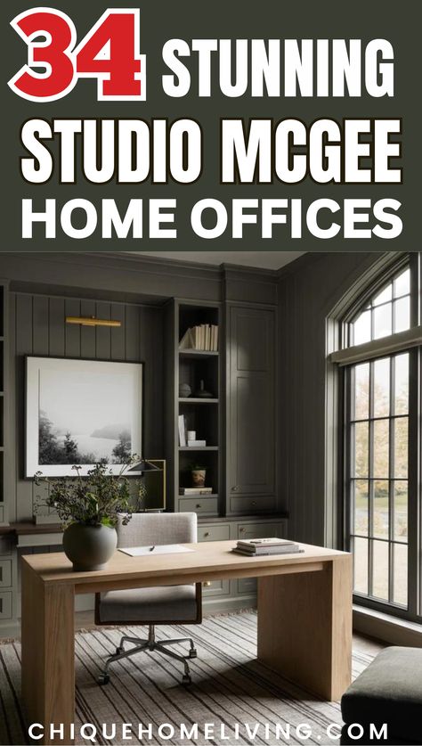 Transform your workspace into a haven of productivity and style with these 34 Stunning Studio McGee Home Office Ideas. Explore the seamless blend of functionality and elegance as you discover inspiring setups, chic decor, and clever organization solutions. Home Office Interior Design Cozy, Modern Farmhouse Study Office Spaces, Office Moody Design, Beautiful Study Room, Big Home Office Ideas, Man's Office Ideas, Men’s Office Space, Office In Front Room Of House, Large Home Office Design