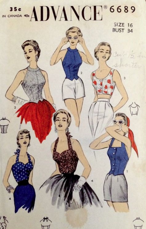 Advance 6689 various sun tops Halter Top Pattern, Midriff Top, Tops Pattern, Patron Vintage, Vintage Dress Patterns, Dress Making Patterns, Blouse Pattern Sewing, Womens Sewing Patterns, Halter Tops