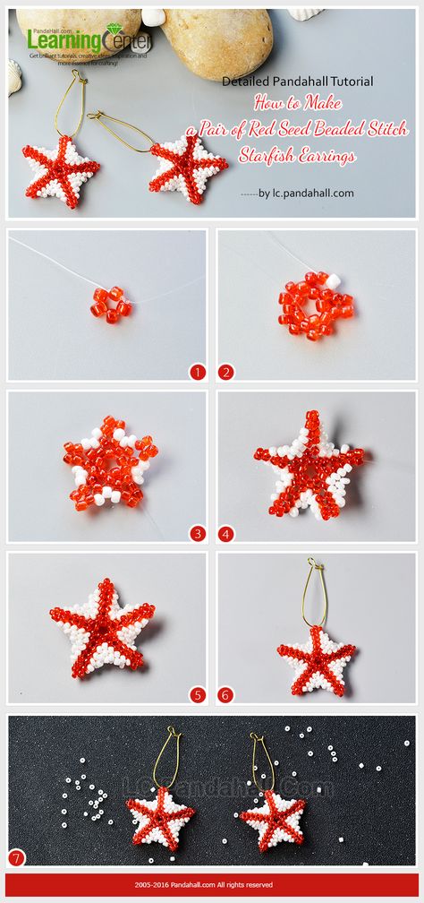 Detailed Pandahall Tutorial - How to Make a Pair of Red Seed Beaded Stitch Starfish Earrings from LC.Pandahall.com Beaded Starfish Pattern, Beaded Stitch, Beaded Critters, Amazing Earrings, Beaded Starfish, Beaded Jewelry Pattern, Beaded Star, Seed Bead Flowers, Seed Bead Pattern