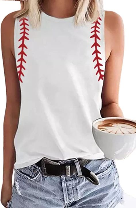 Baseball Outfits, Baseball Fashion, Summer Baseball, Baseball Stitch, Baseball Print, Baseball Women, Evening Dresses Short, Sleeveless Tee, Patriotic Shirts