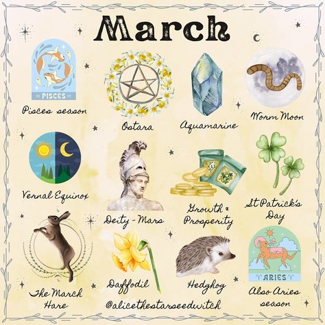 Alice Kendall | MARCH CORRESPONDENCES ✨🌼 Finally we’re rolling into March which means warmer, lighter days are coming in… March is a time of renewal… | Instagram Birth Month Symbols, Month Animals, March Pisces, March Zodiac, Nature Witch, Grimoire Book, A Kind Of Magic, Wiccan Spell Book, Sigil Magic