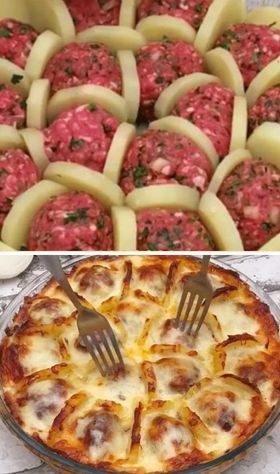 Cheesy Spinach, Meatball & Potato Bake Meatball Potato Bake, Potatoes And Meatballs, Meatball Potato, Meatballs And Potatoes, Layer Potatoes, Meatballs And Cheese, Boil Potatoes, Hearty Food, Layered Potato