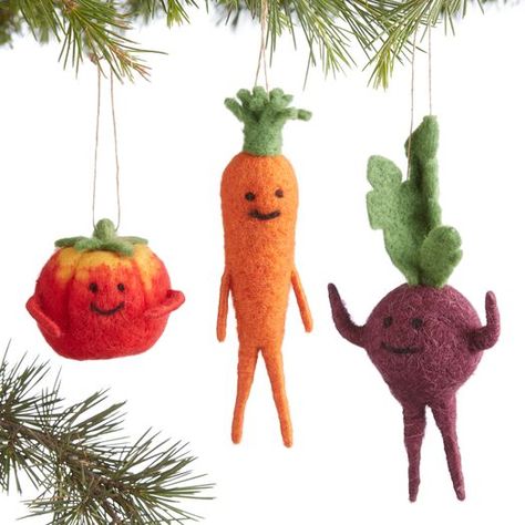 Felted Wool Veggie Ornaments Set of 3 by World Market Felt Vegetables, Food Ornaments, Unique Christmas Ornaments, Colorful Vegetables, Red Tomato, Natural Christmas, Unique Ornament, Christmas Ornament Sets, Seasonal Gifts