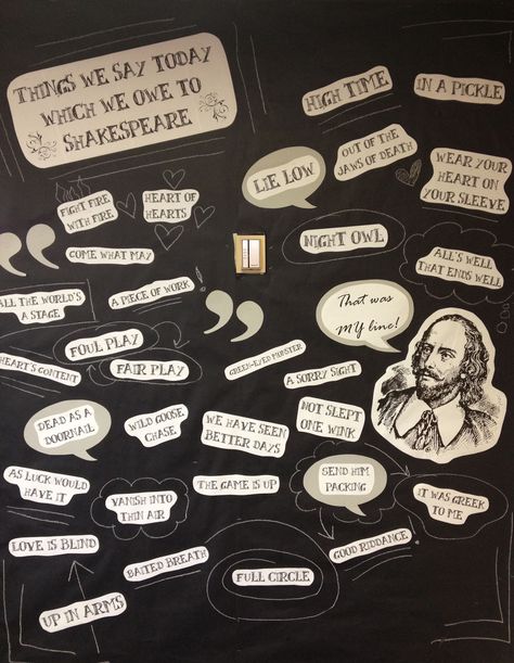 My version of the original "Things we say today which we owe to Shakespeare" post from Becky To- great way to dress up a plain wall in the library! From nawasaka.tumblr.com William Shakespeare Project Ideas, English Exibition Ideas, Macbeth Display, Macbeth Project, English Classroom Displays, Shakespeare Globe, Macbeth Lessons, Shakespeare Wedding, Literature Classroom