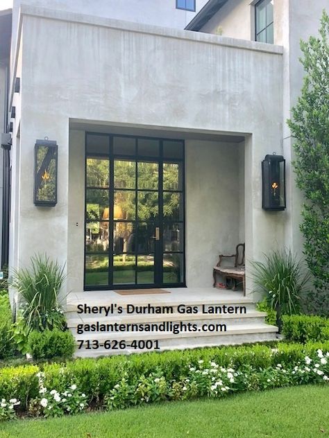 Contemporary Tuscan, Front Door Lighting, Coastal Exterior, Zen House, Lantern Designs, Build Inspiration, Gas Lamp, Black Lantern, Gas Lanterns