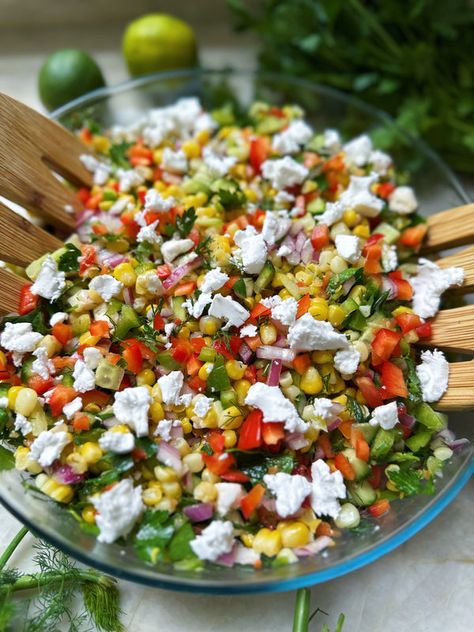 This vibrant and fresh corn salad is here to stay all summer, at least in my house!  It had been 8 days since I had tested in my kitchen which may be a new record over here. The babies were hit hard by the stomach bug last week and I wanted to only wear the mom hat for a while but happy to report everyone perked up on Summer Corn Recipes, Pregnancy Food Cravings, Roasted Corn Salad, Fresh Corn Salad, Stomach Bug, Healthy Casserole Recipes, Lima Bean, Mom Hat, Summer Corn Salad