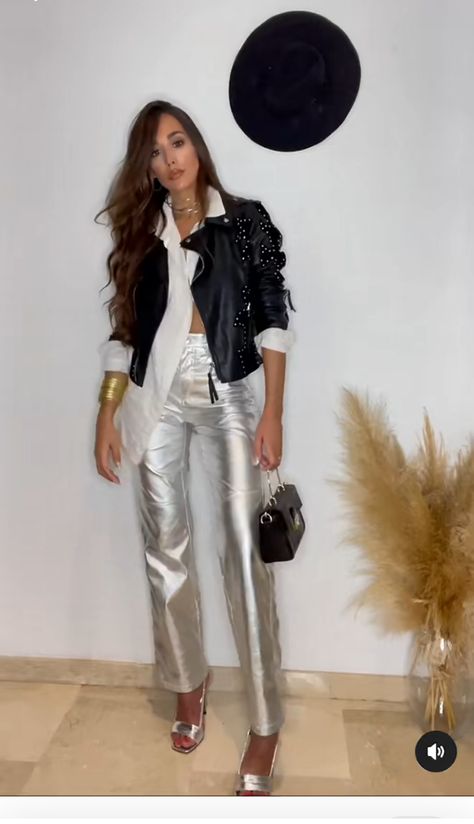 Silver Winter Outfit, Silver Pants Outfit Night, Silver Metallic Pants Outfit, Metallic Jacket Outfit, Silver Trousers Outfits, Metallic Jeans Outfit, Silver Jacket Outfit, Silver Jeans Outfit, Silver Pants Outfit