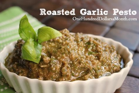 Roasted Garlic Pesto Recipe  #foodstorage Pesto Ideas, Garlic Pesto Recipe, Pesto Marinade, Garlic Harvest, Garlic Pesto, Pesto Recipes, Processor Recipes, Food Preserving, Baking Easy