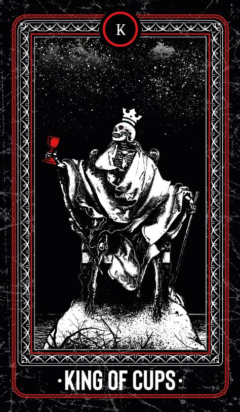 King of Cups from "The Bones Arcana" Tarot set by Junaid Mortimer, @jumo.art 2 Of Cups Tarot Card, Two Of Cups Tarot Card, Two Of Cups Tarot, Tarot Five Of Cups, The Bones Arcana Tarot, King Of Cups Tarot, Indrid Cold, Black Skulls Wallpaper, King Of Cups