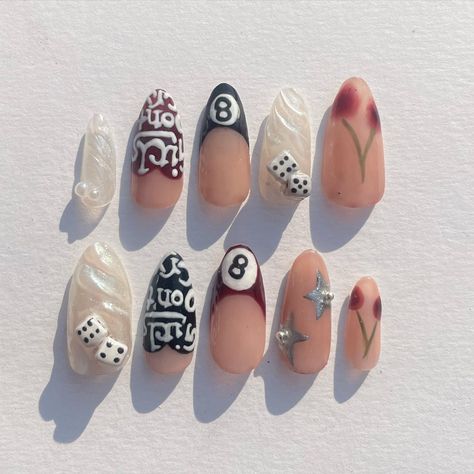 Dice Nails, Retro Nails, Cherry Nails, Fire Nails, Press On Nails, Hand Crafted, Nails