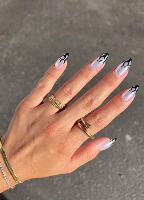 Chrome Nails With Black, Glitter Flame Nails, Silver Chrome Nails, Lightning Nails, Simple Summer Nails, Nails With Black, Black Flames, Flame Nails, Summer Nail Ideas