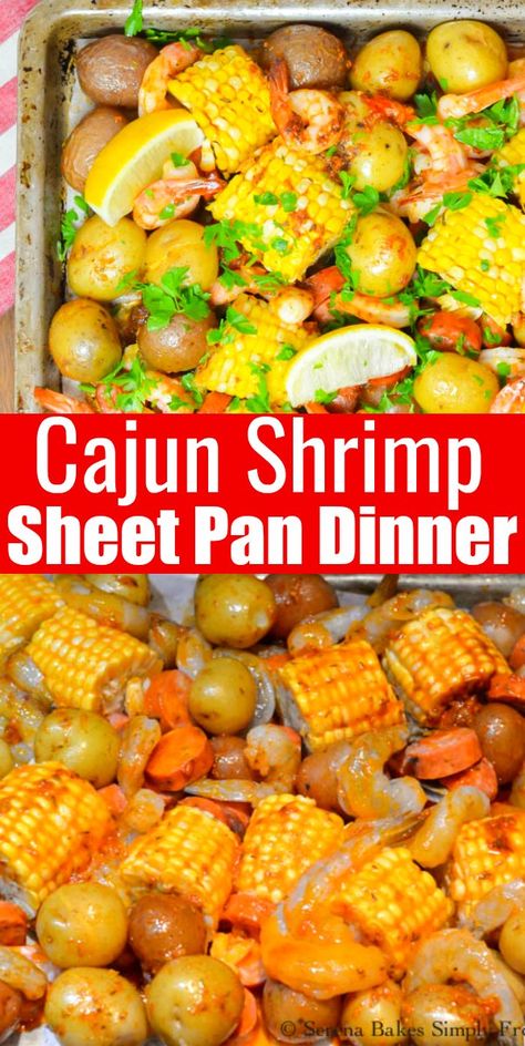 Cajun Shrimp And Potatoes, Cajun Shrimp Sheet Pan Dinner, Shrimp Sausage Potatoes Bake, Corn Sausage And Potatoes, Sausage Corn Potato Bake, Cajun Dinner Ideas, Cajun Christmas Dinner Menu Ideas, Cajun Bake, Shrimp And Sausage Sheet Pan