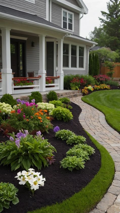 Discover stunning flower bed ideas for your front house that include Rock Fall Raised DIY Stone Low Maintenance Full Sun Easy Perennial Rustic White Rock elements These landscaping ideas are perfect for adding rustic charm and enhancing curb appeal Get inspired by these low-maintenance and beautiful designs today Easy Perennials, Summer Popsicles, Black Shutters, Flower Bed Ideas, Front House, Stone Path, White Rock, Flower Party, Bed Ideas