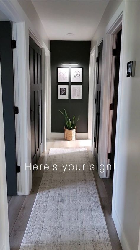 Rachel | DIY & Design | Hallway Glow-up, Mission Accomplished ✨️ It's now been six months since I painted the first door in our hallway. I admit, I was a bit… | Instagram Entry Way Renovation, Black Interior Hall Doors, Dark Wall End Of Hallway, Black Hallway Decor, Black Entryway Door, Dark Door Hallway, How To Make A Short Hallway Look Longer, Room Hallway Ideas, Painting A Hallway Ideas