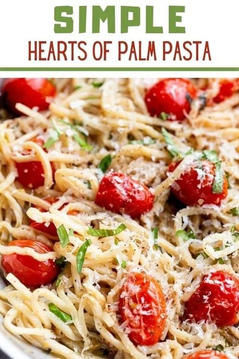 Simple Hearts of Palm Pasta is made with hearts of palm noodles, instead of traditional pasta. A grain-free, low-carb and keto-approved recipe that is super easy to make with minimal ingredients. Make this healthy vegetarian (or vegan) recipe in less than 20 minutes! For this recipe, you will only need palm pasta, olive oil, garlic, cherry tomatoes, and an optional sprinkle of grated Parmesan and fresh basil. Palm pasta is a lower-carb, gluten-free, veggie alternative to traditional noodles. Palm Heart Pasta Recipes, Heart Of Palm Noodles, Palm Heart Noodles, Trader Joes Hearts Of Palm Pasta, Trader Joe’s Hearts Of Palm Pasta, How To Cook Palmini Noodles, Palmini Linguine Recipes, Trader Joe’s Hearts Of Palm Pasta Recipes, Recipes With Palmini Noodles