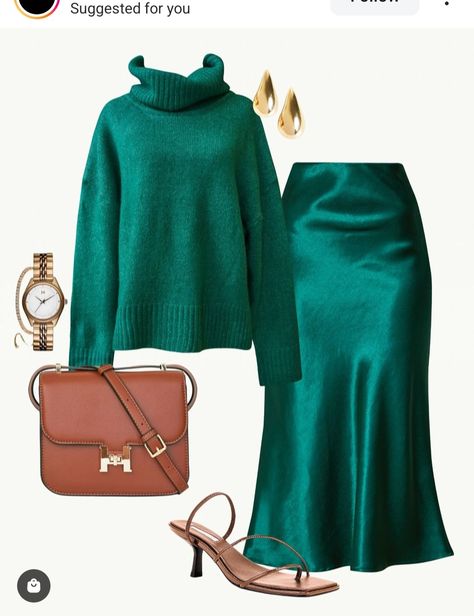 Emerald Skirt Outfit, Satin Skirt And Sweater Outfit, Satin Skirt And Sweater, Emerald Skirt, Green Satin Skirt, Emerald Sweater, Brown Strappy Heels, Long Satin Skirt, Brown Messenger Bag