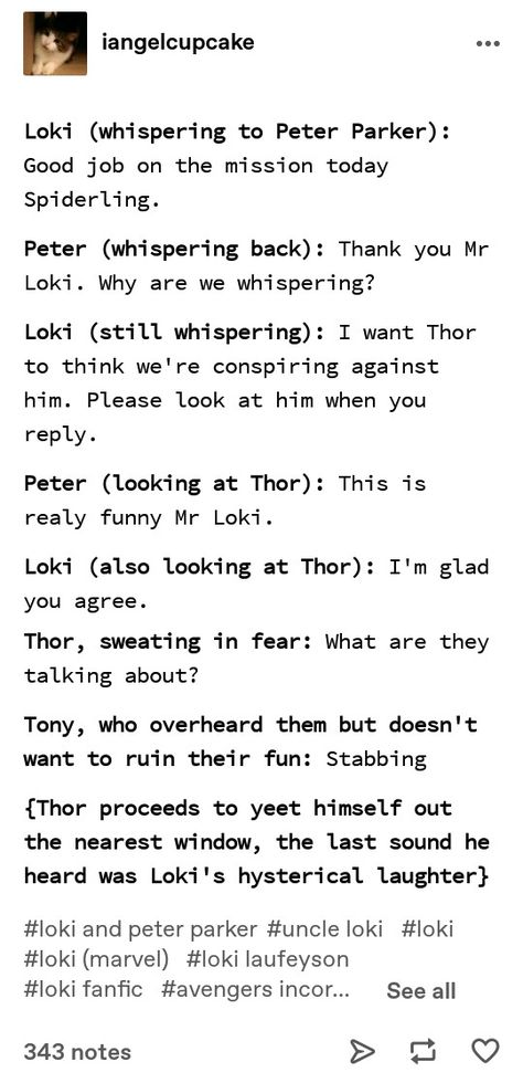 Spiderman X Loki, Marvel Headcanon Funny, Uncle Loki And Peter, Peter And Loki Fanart, Thor And Loki Headcanon, Marvel Loki Fanart, Mcu Incorrect Quotes, Marvel Headcanon Loki, Spiderman And Tony Stark