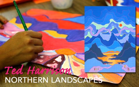 Ted Harrison's Northern Landscape art lesson. Group of Seven art project for… Ted Harrison Art, Group Of Seven Art, Ted Harrison, Landscape Art Lessons, Vibrant Paintings, Winter Art Projects, 6th Grade Art, 5th Grade Art, Group Of Seven