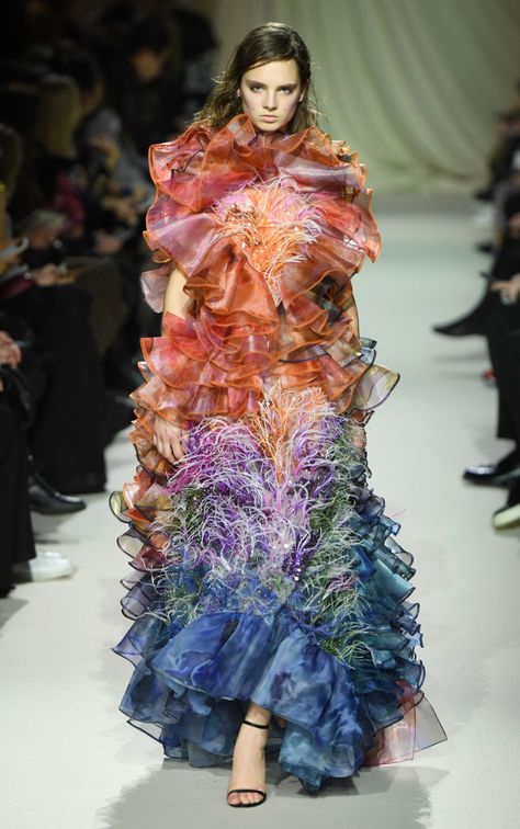 LONDON, ENGLAND - FEBRUARY 16: A model walks the runway at the Mary Katrantzou show during London Fashion Week February 2019 at the Coutts Garden Court on February 16, 2019 in London, England. (Photo by Ian Gavan/BFC/Getty Images) Colourful Runway Fashion, Maximalist Fashion Runway, Colorful Runway Fashion, Lunarpunk Fashion, Weird Fashion Runway, Plant Oc, Insect Fashion, London Fashion Week Runway, Hollister Style