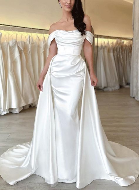 Modern Off-The-Shoulder Cowl Neck Satin Wedding Dresses Sima Couture, Wedding Dressses, Elegant Wedding Venues, Women Bride, Womens Wedding Dresses, Wedding Dress Train, Wedding Dresses Satin, Satin Wedding Dress, Wedding Dress Trends