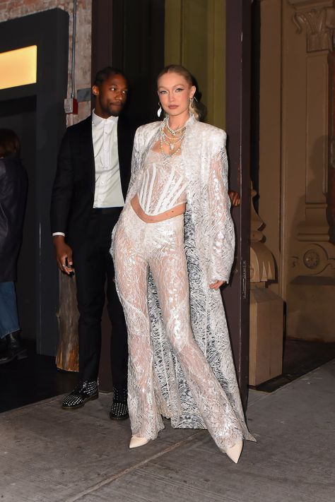 #GigiHadid took stock of all those sheer dresses, corsets, and pants, and put all three together for the ultimate birthday look. Gigi Hadid Looks, Birthday Fits, Lace Corset Top, Jeanne Damas, Lace Pants, Dion Lee, Emily Ratajkowski, Lace Corset, Blake Lively