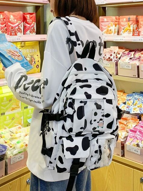 Cow Pattern Buckle Decor Backpack | SHEIN USA Girly Backpacks, Cowgirl Accessories, Fluffy Cows, Cow Decor, Cartoon Cow, Color Black And White, Cow Pattern, Black & White, Cute Bags