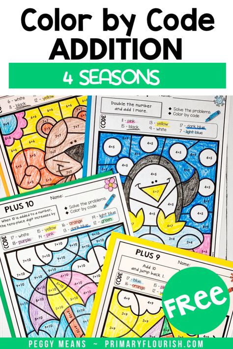 Need some FREE no-prep, engaging worksheets for your students? These printable color-by-code coloring pages your 1st, 2nd, 3rd grade, and home school students give that essential practice they need to increase math fact fluency. Bring in some seasonal fun and improve their math and basic computation skills. {first, second, third graders} Home School 1st Grade, 2nd Grade Math Activities Free, Math Tubs 3rd Grade, 3 Addends First Grade Free, Free Math Centers 2nd Grade, Addition Fact Fluency Worksheets, Color By Code Free Printable, Addition Fluency Second Grade, Math Addition Games Second Grade