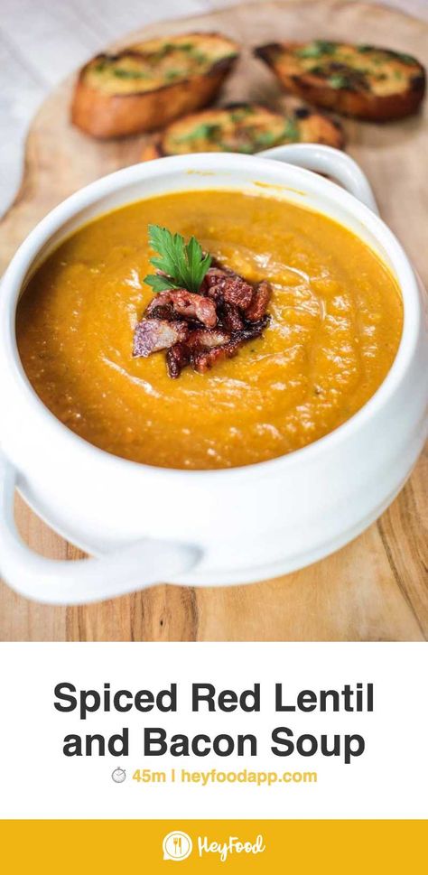 Spiced Red Lentil and Bacon Soup  This spiced red lentil and bacon soup is to DIE FOR! It's the best soup I've ever made so you must give it a go!   #eatstagram #eaterny #eattheworld #mealprepideas #eatingwell #cookery #mealplans #cooked  Recipe credit: Globe Scoffers Lentil And Bacon Soup Recipe, English Lunch, Lentil And Bacon Soup, Bacon Soup Recipes, Red Lentil Soup Recipe, Soup Maker Recipes, The Best Soup, Spiced Lentils, Best Soup