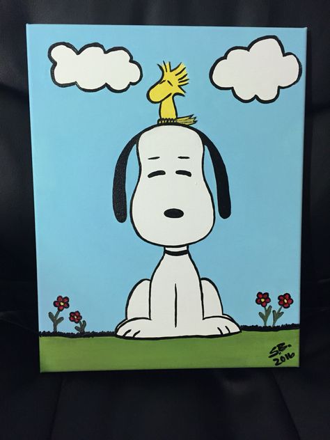 Snoopy and Woodstock painting acrylic Snoopy And Woodstock Painting, Snoopy Painting Ideas, Snoopy Canvas Painting, Snoopy Paintings On Canvas, Woodstock Painting, Snoopy Painting, Disney Canvas Paintings, Acrylic Diy, Disney Canvas