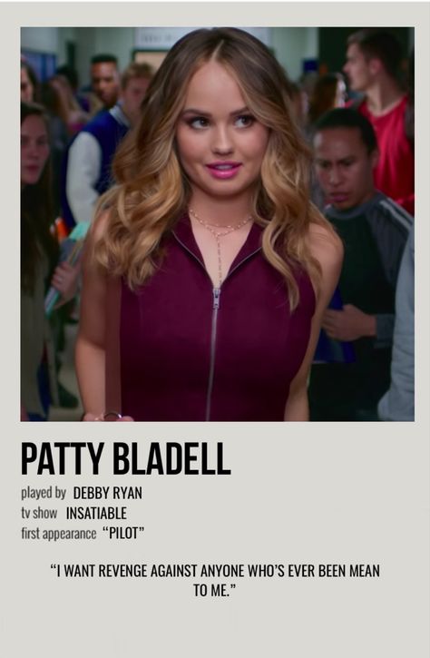 minimal polaroid character poster for patty bladell from insatiable Patty From Insatiable, Insatiable Aesthetic, Insatiable Patty, Insatiable Netflix, Patty Bladell, Mean Girls Burn Book, Movie Character Posters, Warm Blonde Hair, Hairstyles Theme